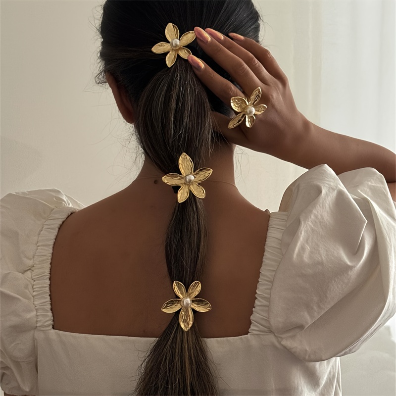 

3pcs Set Elegant Golden Alloy Hair Ties With Pearl & Flower Accents - Chic Ponytail Holders For Women, & Makeup