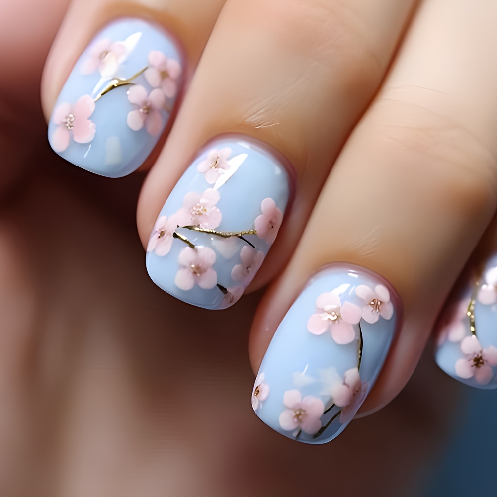 24pcs Short Squoval Press On Nails Blue Flowers Pattern False Nails Fake Nails 3d Relief Sculpture Manicure False Nails