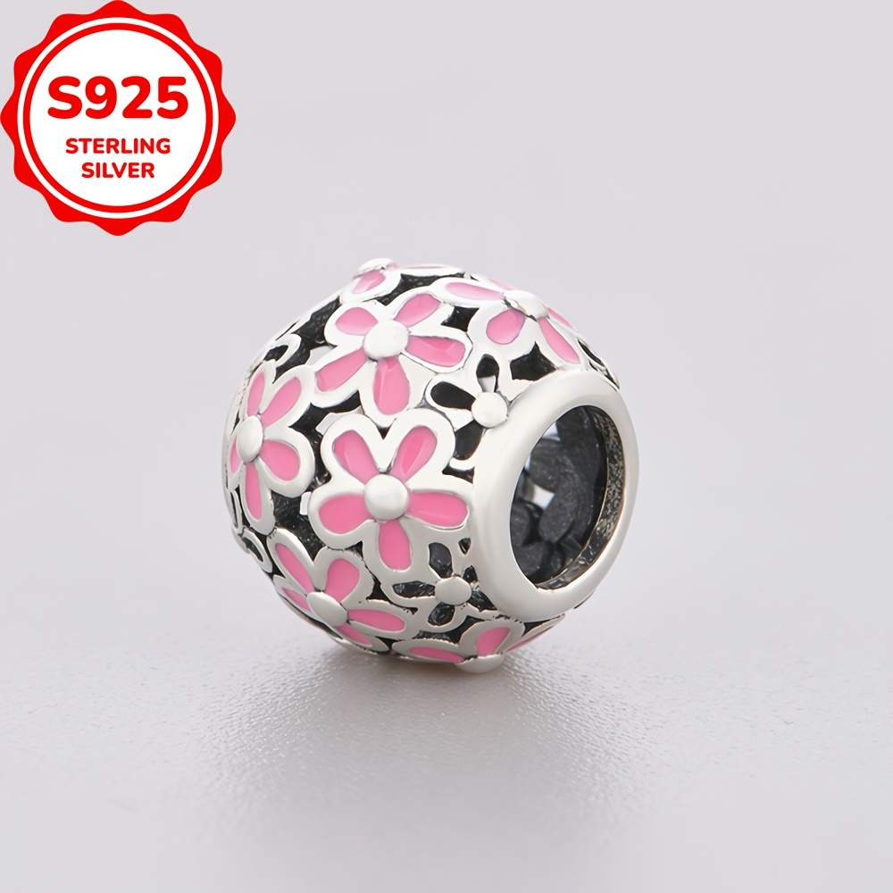 925 Sterling Silver Pink Flower Enamel Pendant for DIY