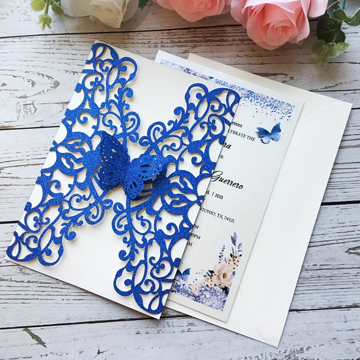 TEMU 20pcs Pack Elegant Laser-cut Wedding Invitation Cards With Hollow Flower & Pocket Invites Suitable For Weddings, Baptisms, Engagements - No