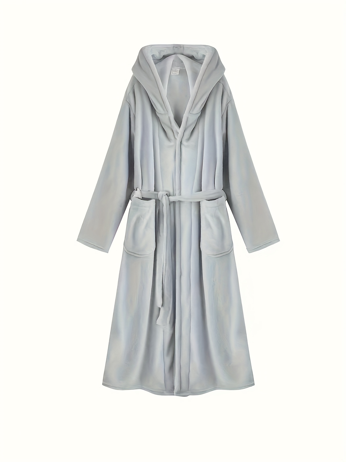 Men's Long Black Fleece Bathrobe with Double Hood - Soft, Breathable, Adjustable Belt, Solid Color, Ideal for Autumn/Winter Comfort