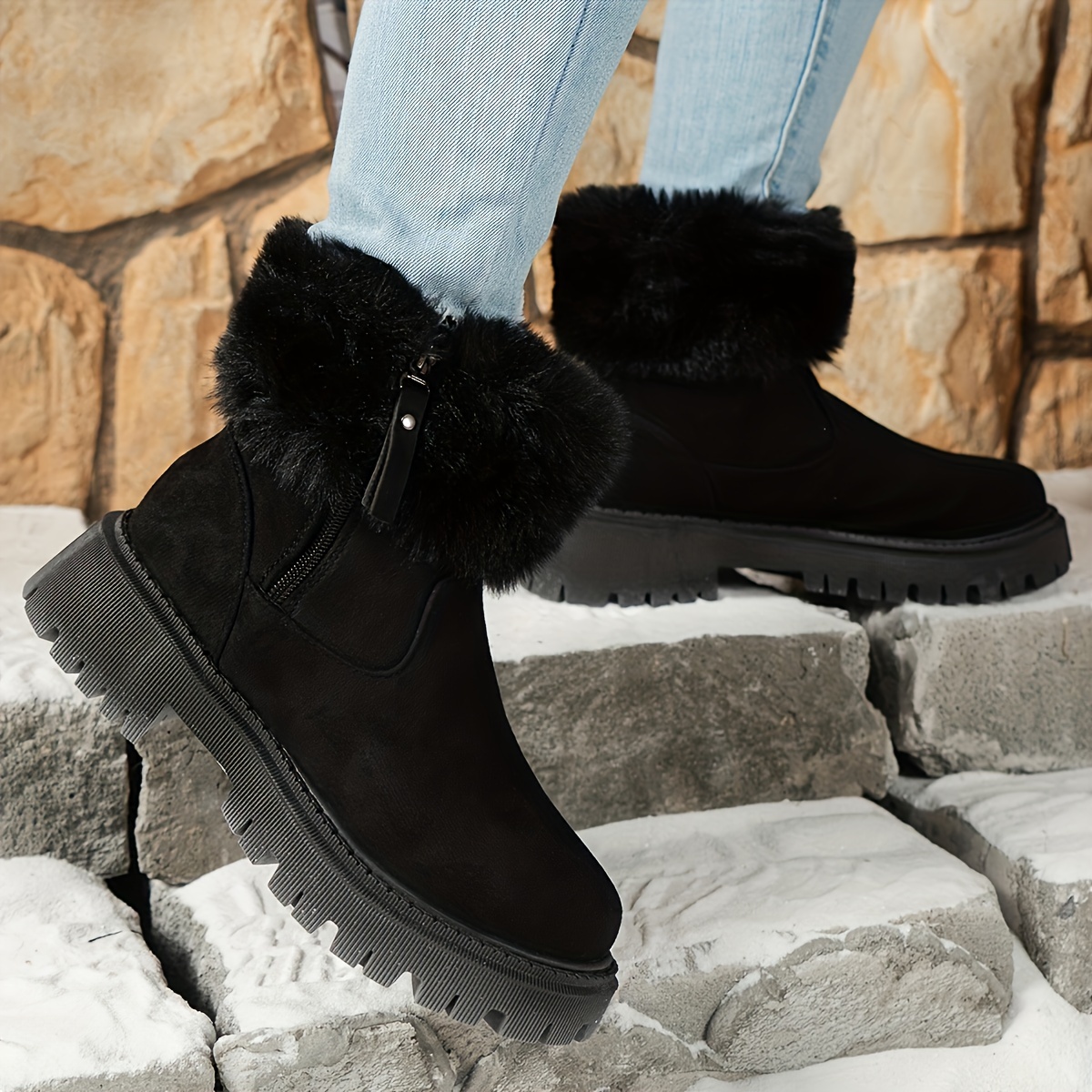 womens winter fleece lined chunky platform boots trim thick Temu