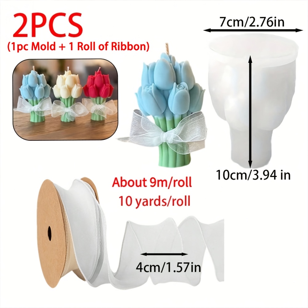 TEMU Molde de silicona para vela de ramo de tulipanes, 2 piezas/juego, un rollo de cinta de gasa blanca perla, adorno de boda de resina con forma