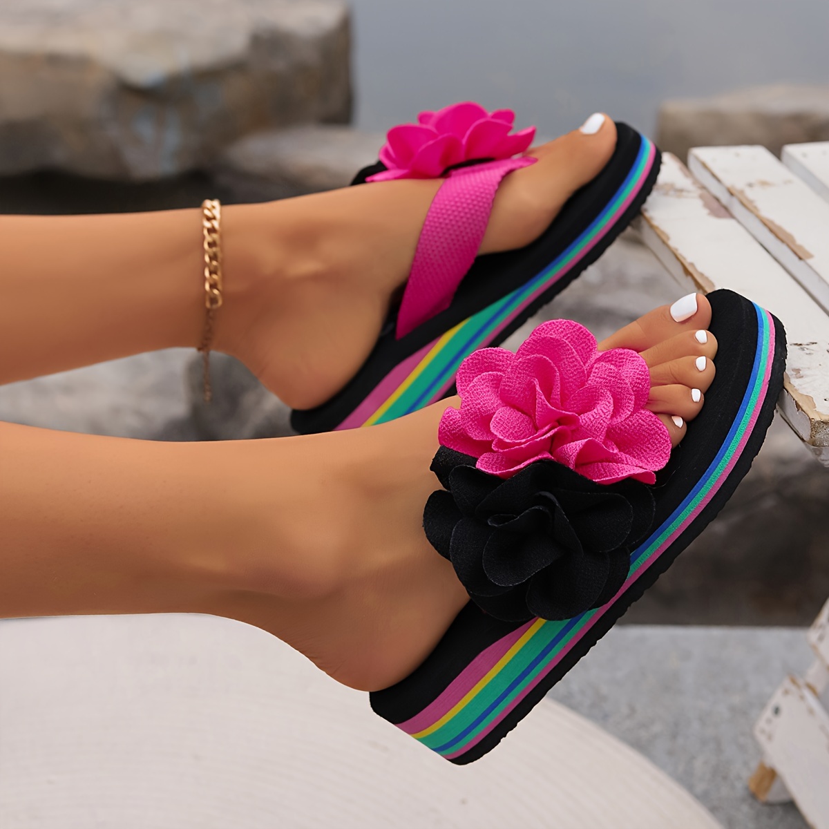 womens flower decor flip flops casual clip toe summer shoes comfortable slip on details 3
