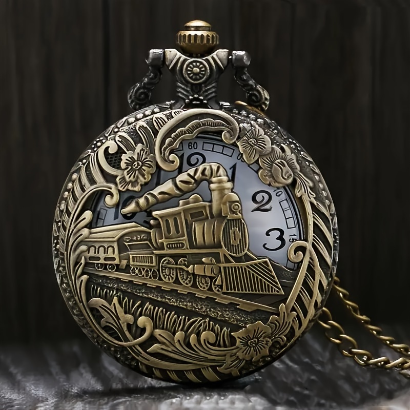 

1pc Retro Bronze Steam Train Quartz Pocket Watch, Souvenir Gift