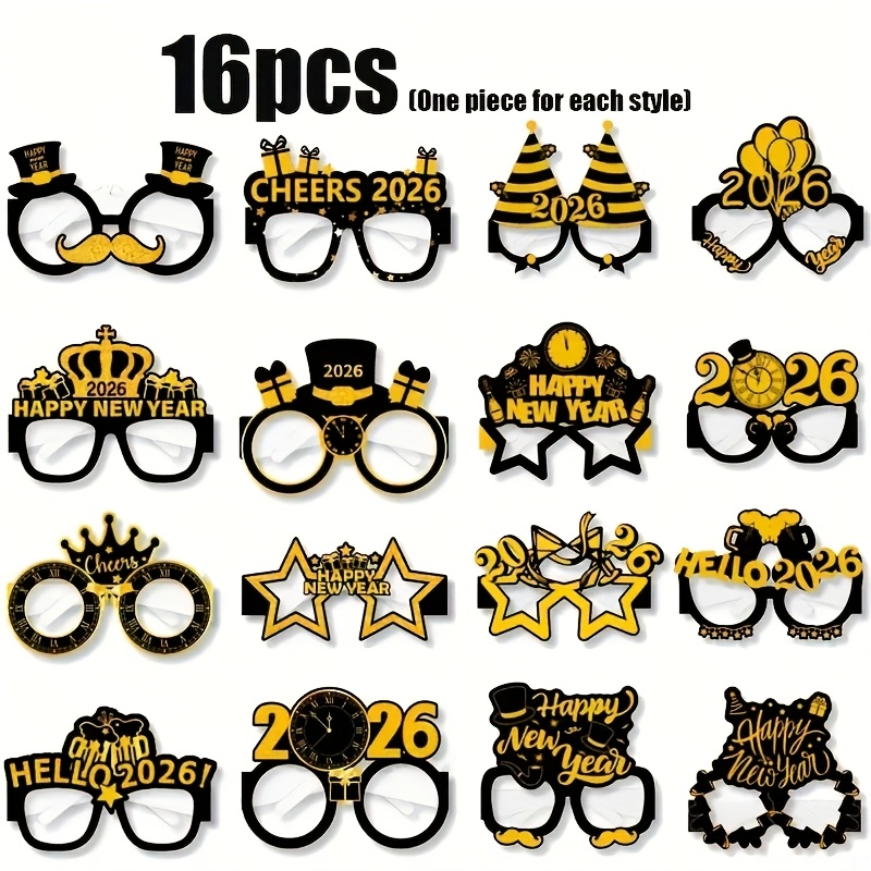 TEMU 16pcs Of 2026 New Year Party Glasses, Cardboard Novelty Glasses Props, Black And Golden, Universal And Suitable For New Year's Eve, Parties, New