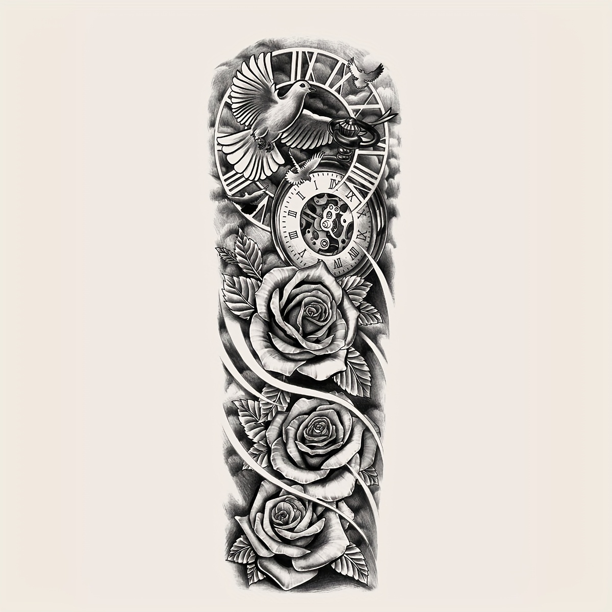 Men's Full Arm Tattoo Sleeve - Unisex Rose, , And Clock Design - Beach Party Festival Gift - Full Arm Tattoo Sticker (1 Sheet)