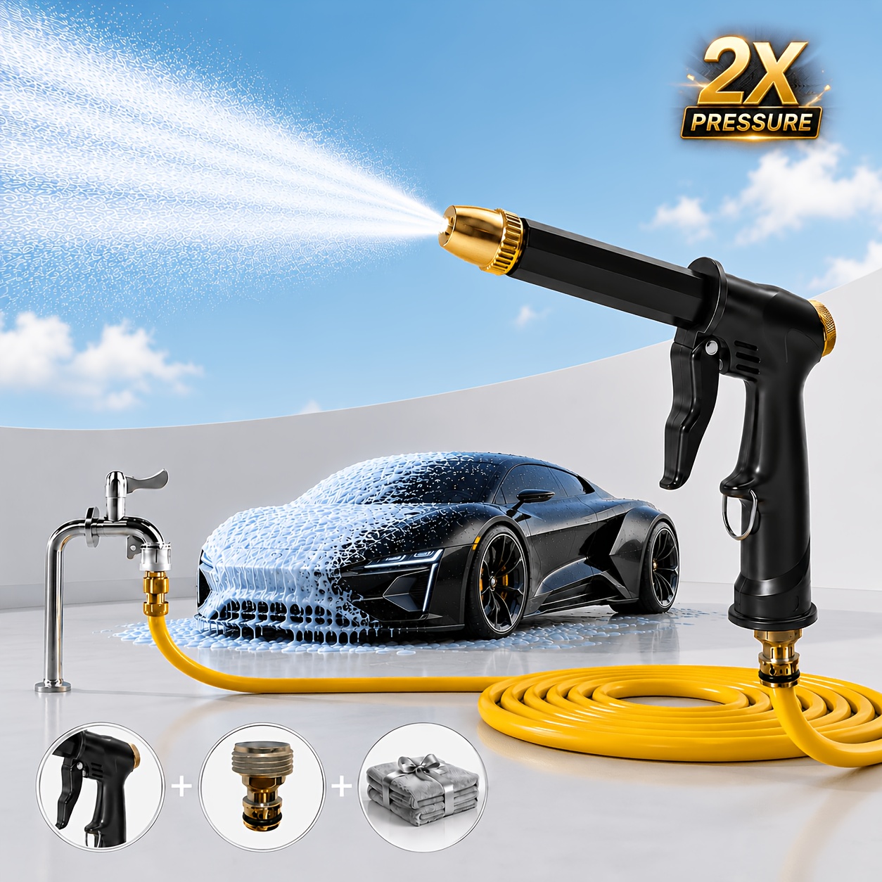 TEMU 2x Pressure Car Wash Spray Gun Kit With Microfiber Towel, Metal-look Body, 360&deg; Adjustable Nozzle, One-hand Lock, No Continuous Pressing, For Car, Motorcycle, Bicycle And Yard Cleaning