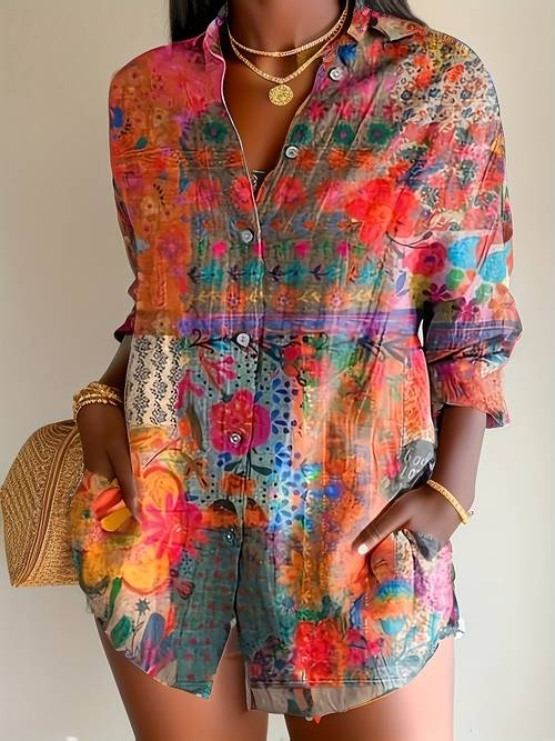 this retro bohemian style long sleeved shirt with colorful floral patterns is fashionable versatile and its a outfit with unique patterns