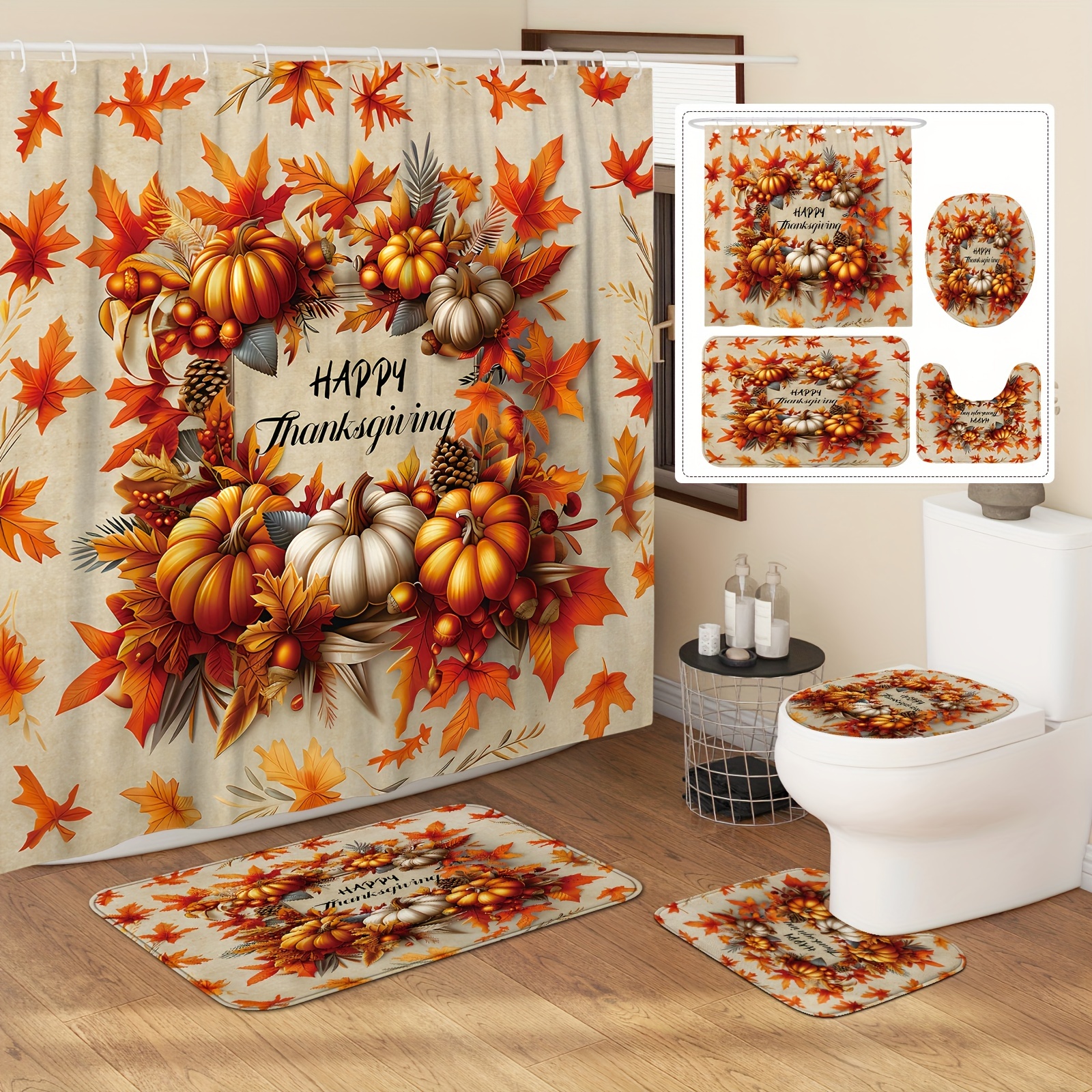 

Fall Harvest Maple & Pumpkin Shower Curtain Set (1pc/4pcs) - Waterproof Polyester With Non-slip Bath Mat, U-shaped Toilet Lid Cover, And Towel Rugs - Perfect For Thanksgiving Farmhouse Decor