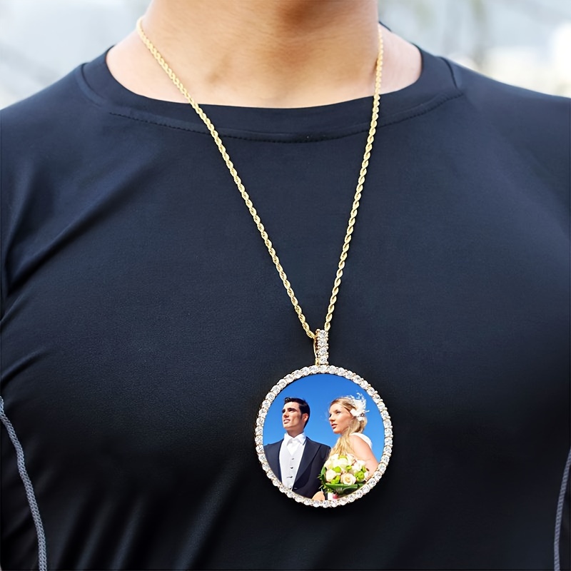 

Custom Hip-hop Style Xl Round Photo Pendant Necklace - 18k Golden Plated With Cubic Zirconia, Fashionable Men's Accessory