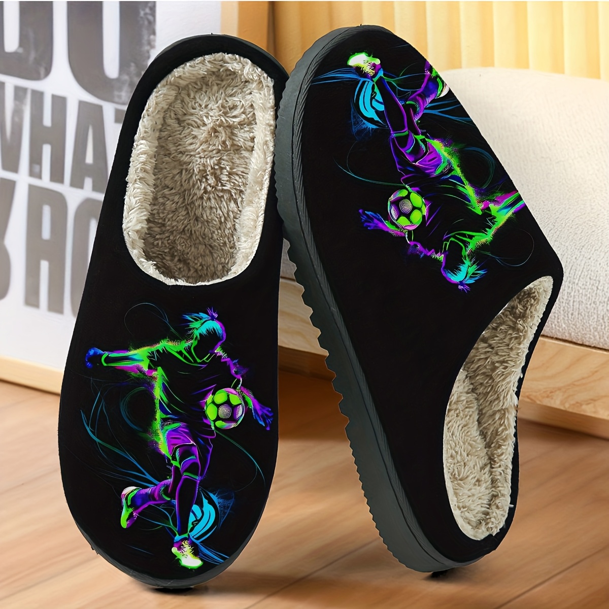 TEMU Men's Winter Slippers, Warm Casual Fashion Plush House Shoes With Football Figure Print
