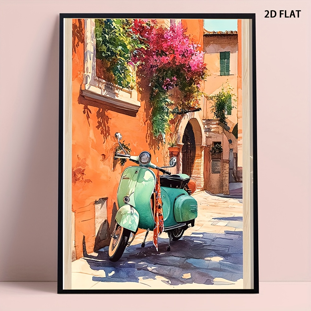 TEMU 1pc Italian Summer Scooter Wall Art - La Vita Watercolor Print, Retro Italian Style Iconic Design, Frameless Canvas Poster Suitable For Home,