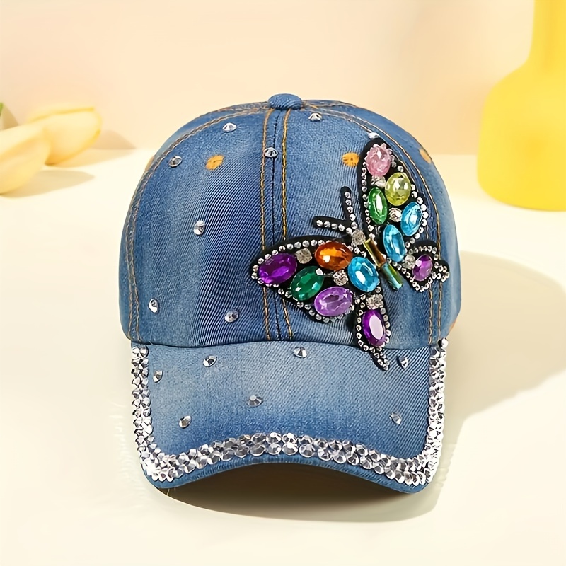 

Butterfly Pattern Rhinestone Decor Fashionable Baseball Cap, Women's Sunscreen Washed Denim Trucker Hat For Outdoor
