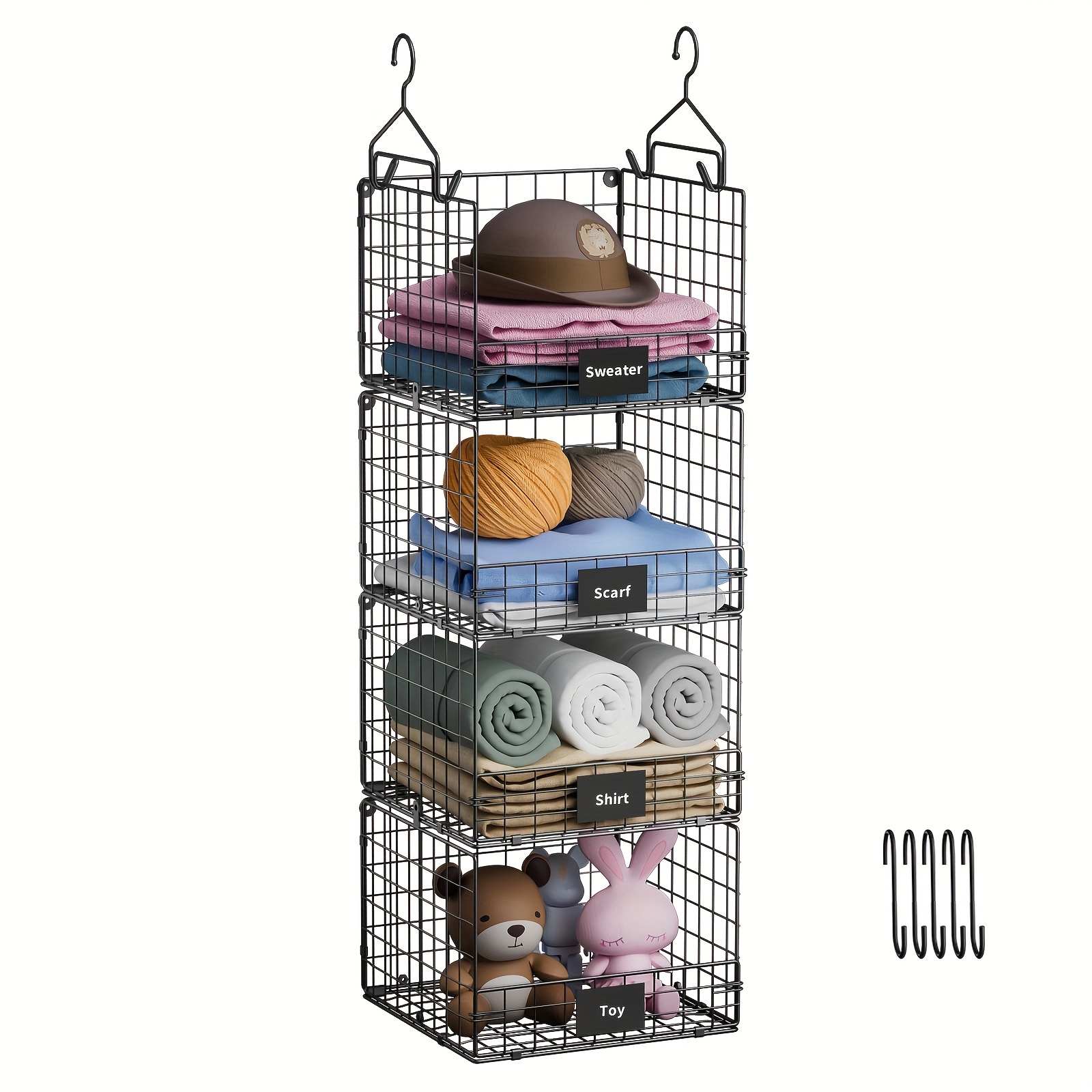 

1pc 4 Tier Stackable Wire Storage Baskets Metal Storage Shelves With Hanging Hooks And 5 S Hooks, Hanging Closet Organizer For Sweaters Shoes Handbags Clutches