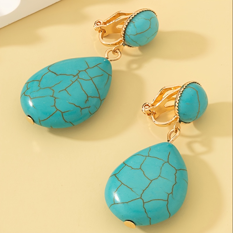 Image of 1 Pair Of Vintage Geometric Fashion Turquoise Clip-on Earrings, Elegant And Luxurious Ethnic Style For Women, No Piercing Required. Note: In Turquoise Texture Are Normal