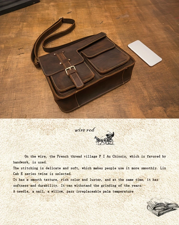 mens vintage style genuine leather messenger bag with adjustable strap casual handcrafted crossbody satchel with multiple pockets scratch repairable daily accessory details 8