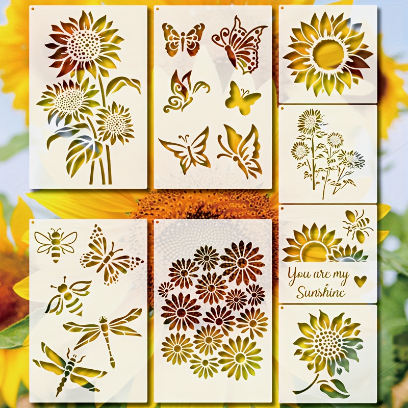 

artistic Touch" 8-piece Sunflower & Butterfly Stencil Set - Reusable Pet Flower Painting Templates For Diy Wood, Wall, Canvas Decor - "you Are My Sunshine" Crafts