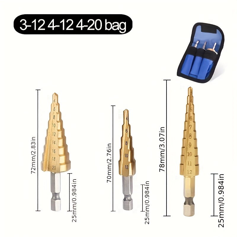 

Premium Titanium-coated Hss Step Drill Bit Set, 3-12mm & 4-20mm - Precision Metal Cutting Tools With Storage Case (3pcs)