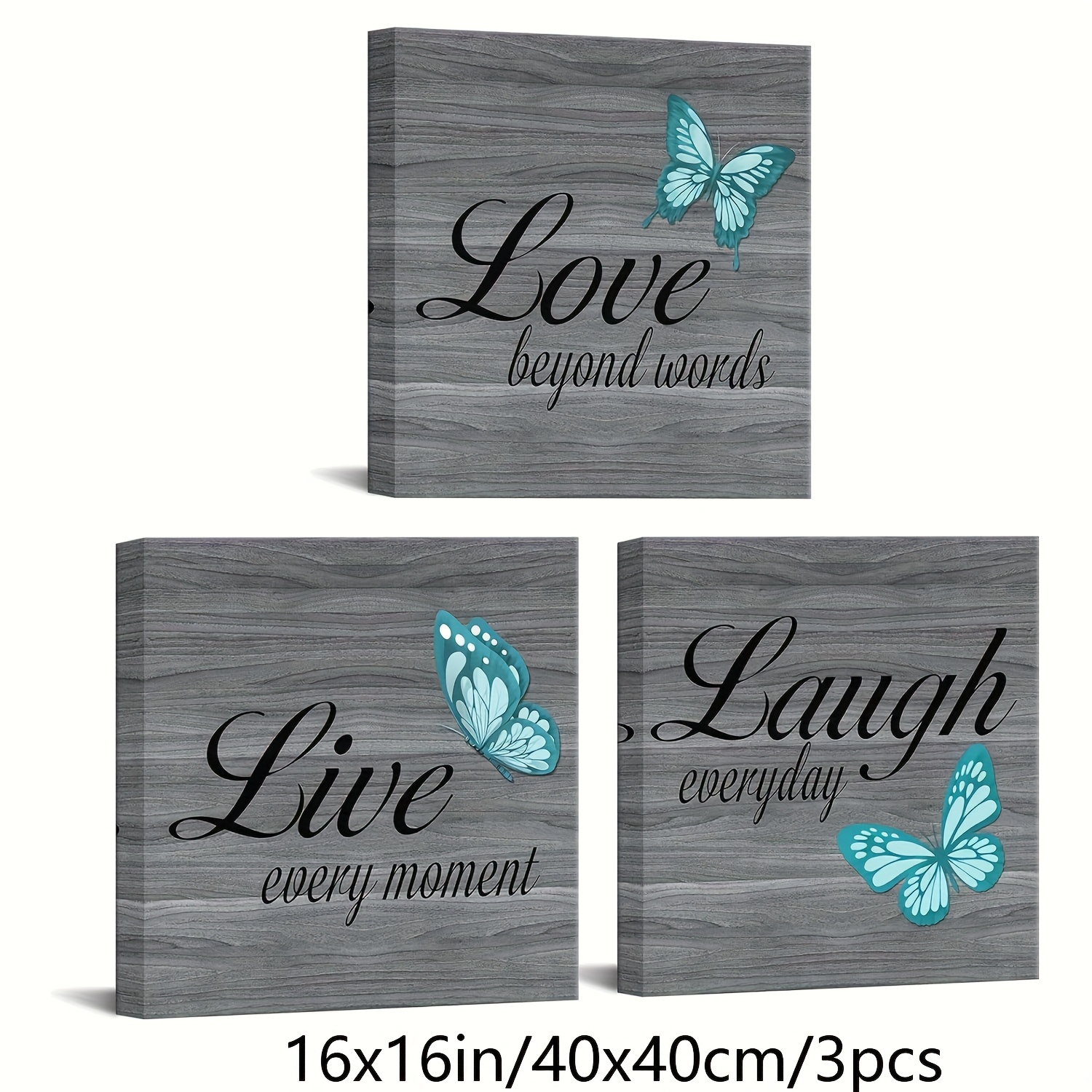 E-shop 2D Flat, 2D Flat, 3-teiliges Set Rustikale Leinwanddruck Poster, Türkis Schmetterling Leinwand Wandkunst Gemälde, Love Laugh Live Schild,