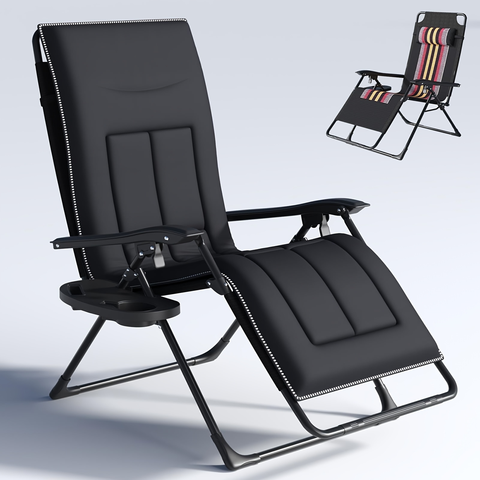 Weather-resistant Folding Lounge Chair, Portable Recliner With Cushioned Seat & Cup Holder, 160kg Capacity (black)