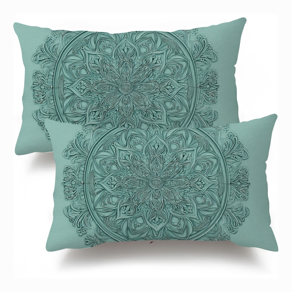 TEMU 2pcs Bohemian Retro Mandala Throw Pillows - Super Soft Short Plush Suitable For Sofa Bed, Mint Floral Decor, Zippered & Machine Washable,