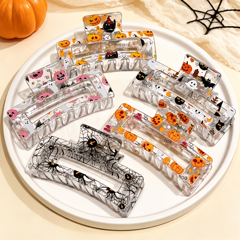 TEMU Transparent Style/ Clip 5pcs, Rectangular Hollow-out Hair Claw Clip Set, Pumpkin Kitten Bat, Multiple Pattern Combinations For Back-of-head Updo