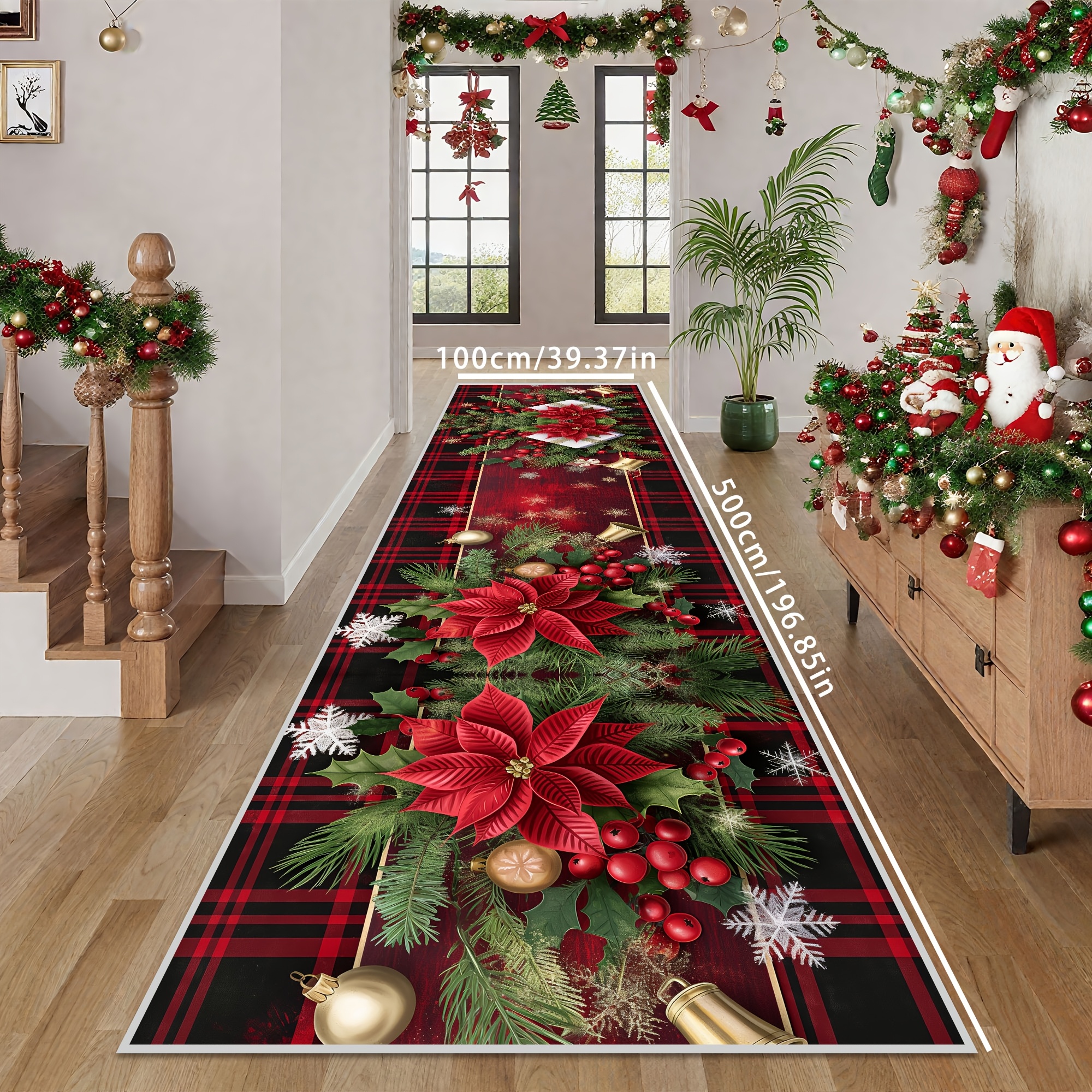 TEMU 1pc Of Christmas Floral Runner Carpet, Easy To Balcony Entrance Mat, Soft And Comfortable Long Carpet For Bedroom Bedside, Suitable For Home