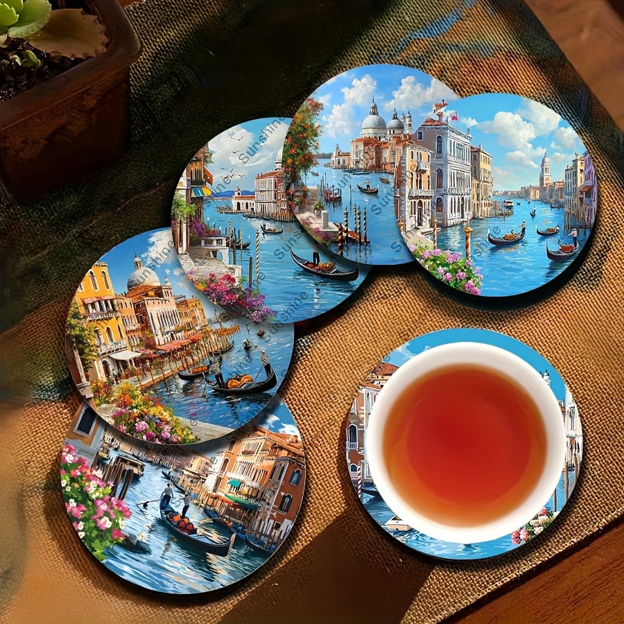 TEMU 6 Piezas de Posavasos de Madera con Diseño de Acuática - Redondos y Artesanales, con Diseño Arquitectónico, Ideales para Proteger Café, Vino y