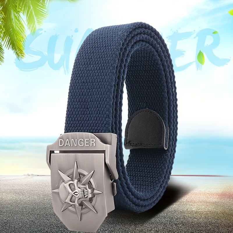 Mens Skull Emblem Canvas Belt with Automatic Buckle
