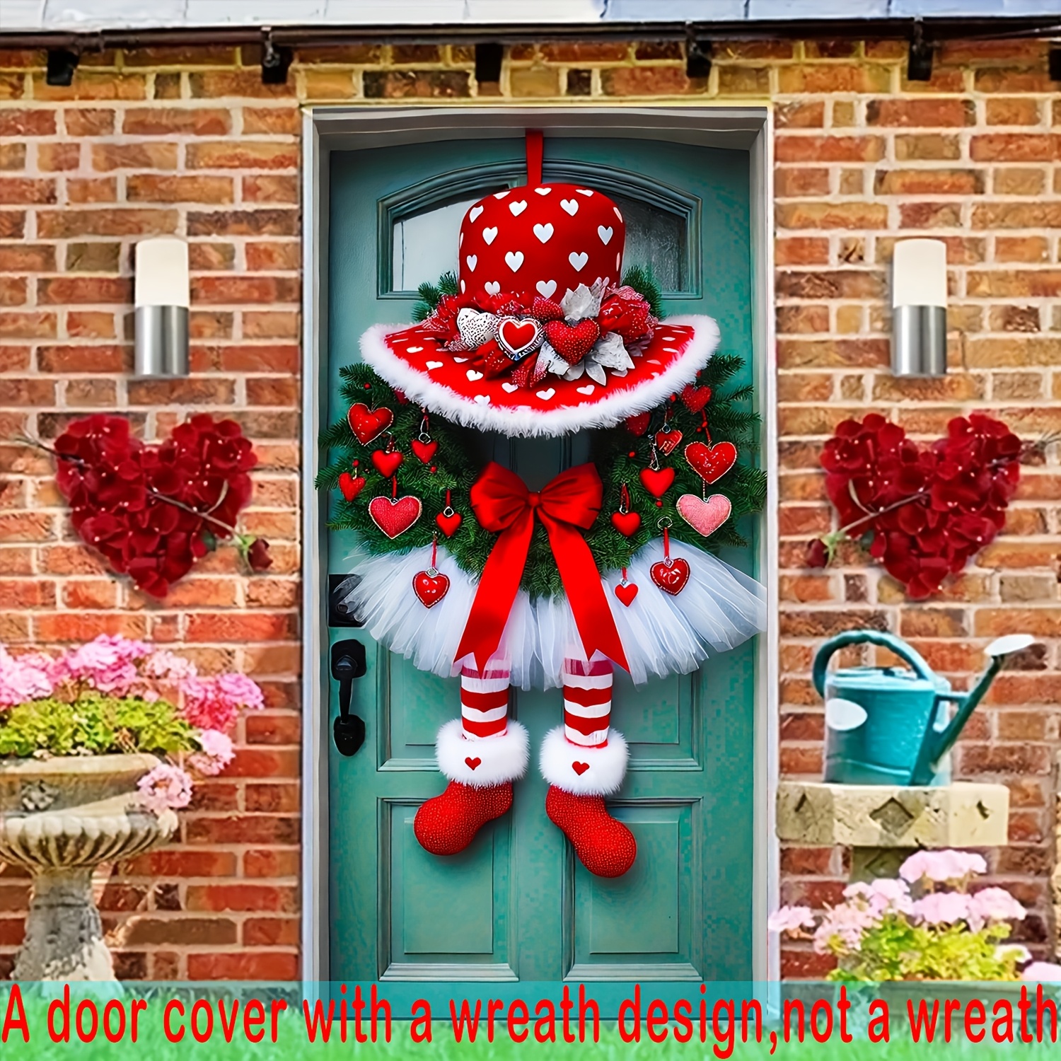 

2d Door Banner, 1pc Valentine's Day Heart Wreath Door Cover - 35.4x70.8" With Red Hat, Bow & Heart Accents, Polyester, No Power Required - Ideal For Entryway & Room Decor