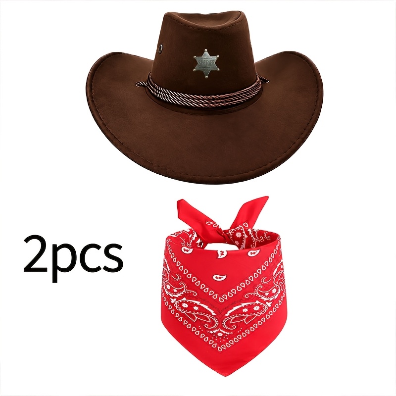 TEMU Costume de déguisement -boy western 2 pièces - Chapeau western original et foulard rouge, tenue sur le thème du adaptée aux accessoires de fête
