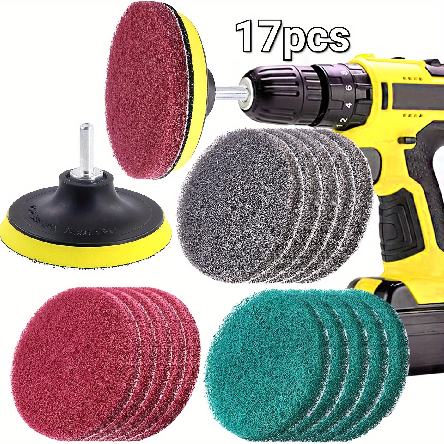 E-shop 17-teilig / 12-teiliges 4-Zoll (ca. 10,2 cm) Mehrfarbiger Scheuerschwamm-Bohrer-Bürstenset für Fliesenreinigung, Schleifpads-Ersatzset zur