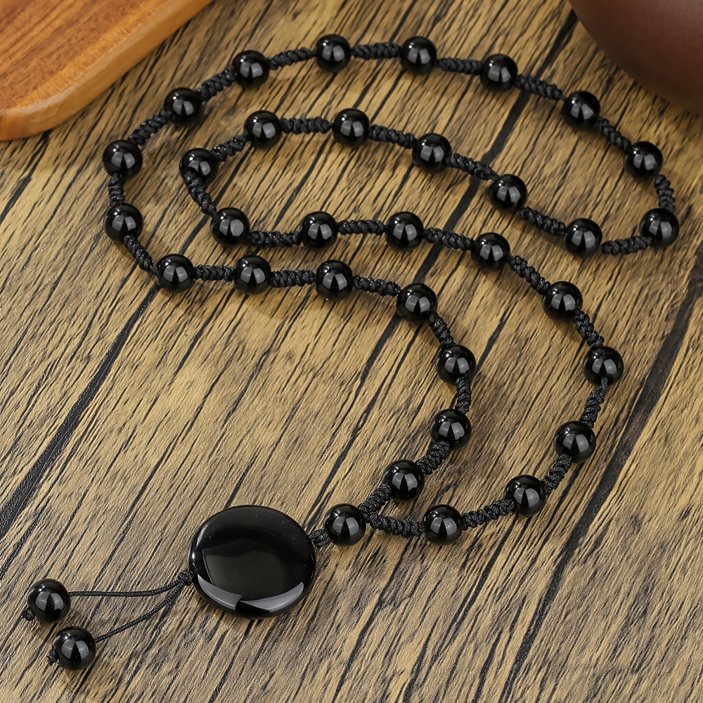 E-shop Herren Schwarze Naturstein Handgeflochtene Halskette, Perlenkette, Gothic-Stil Halskette für Frauen