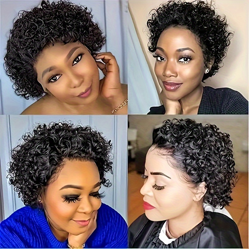 womens curly wave short cut wig 150 density human hair lace front 13x1 natural black glueless water wave suitable for african women details 8