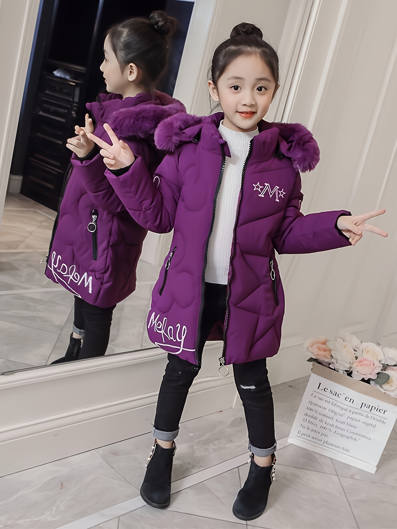 Meisjes Winterjas - Verdikte Halflange Parka met Capuchon, Paars & Cartoon Print, Ritssluiting aan de Voorkant - Machinewasbaar