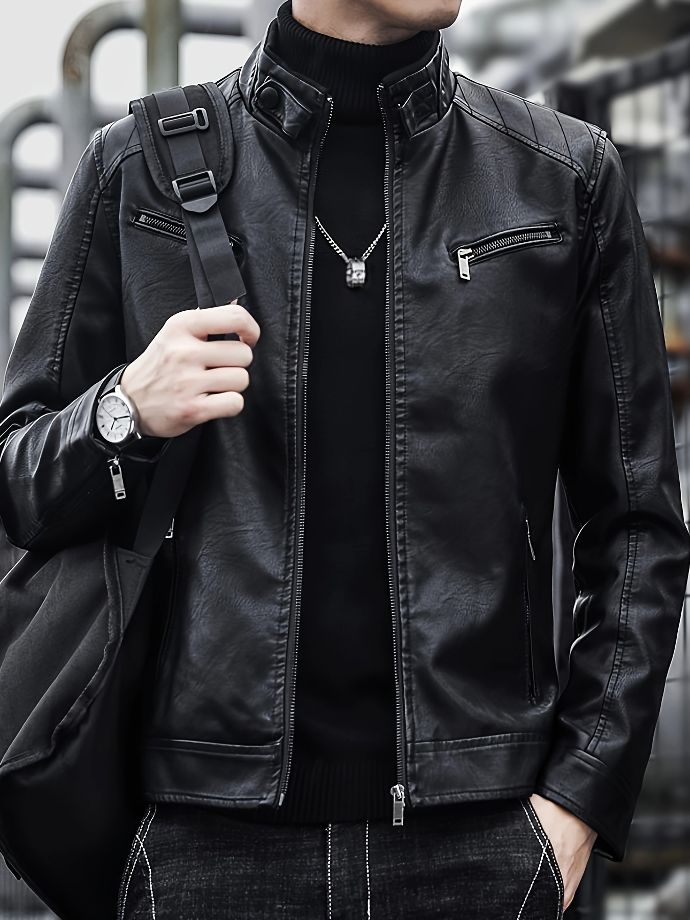men's jacket stand collar zipper closure Temu Bahrain
