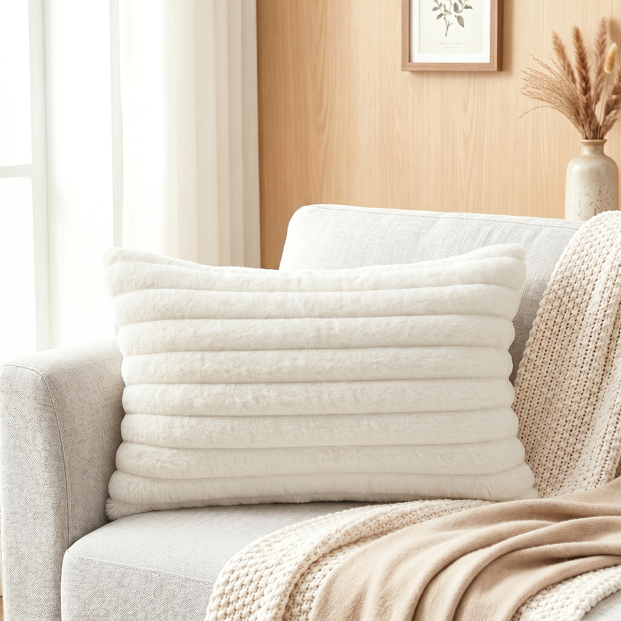 TEMU 1 Housse de coussin super douce à rayures en fausse fourrure, housse de coussin en peluche moelleuse pour canapé, lit, taies d'oreiller de luxe