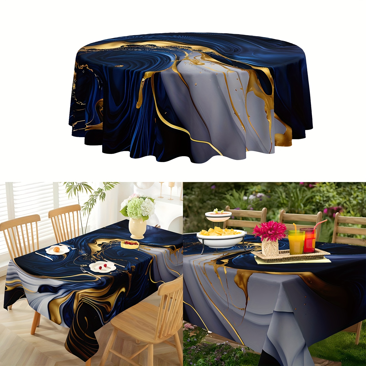 

Luxury Marble Tablecloth - Waterproof, Modern Blue & Golden Design For Indoor/outdoor Dining, Perfect For Holiday Parties & Picnics