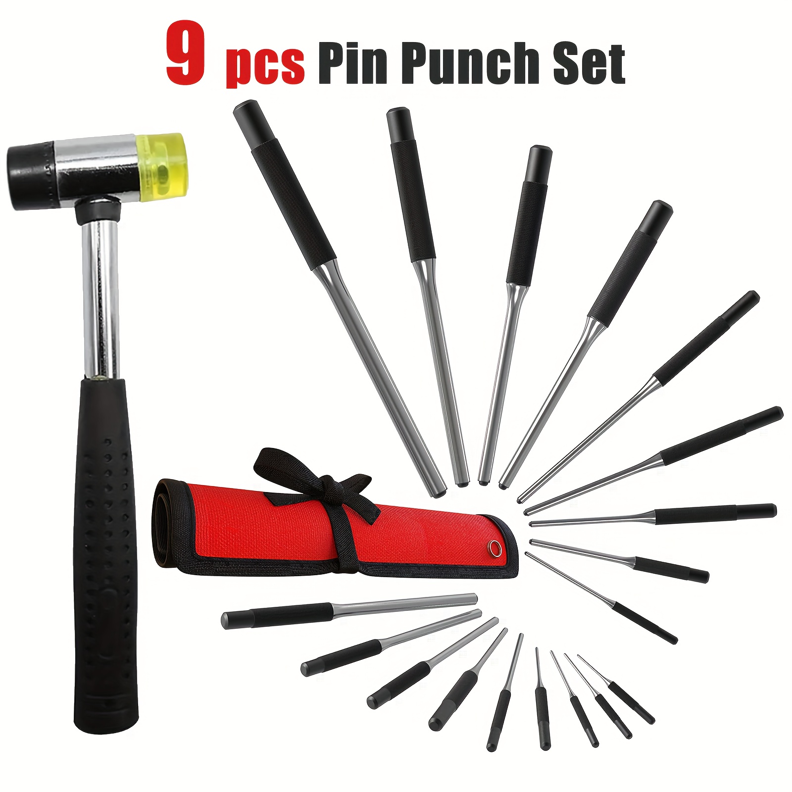 

5pcs/9pcs Pin Punch Set With Roll Up Storage Pouch Removing Repair Tool 1.6mm-8mm 1/16"-5/16" For Automotive, Watch Repair, Jewelry, Craft, Woodworking