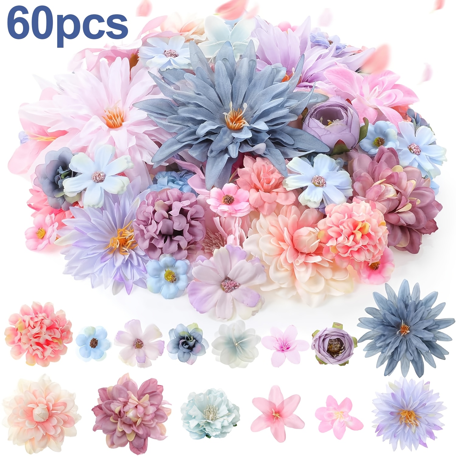 TEMU 60pcs Assorted Fake Flower Heads Mini Artificial Flower Heads Bulk Silk Faux Daisy For Crafts Fake Peony Rose For Wedding Party Wreath Home