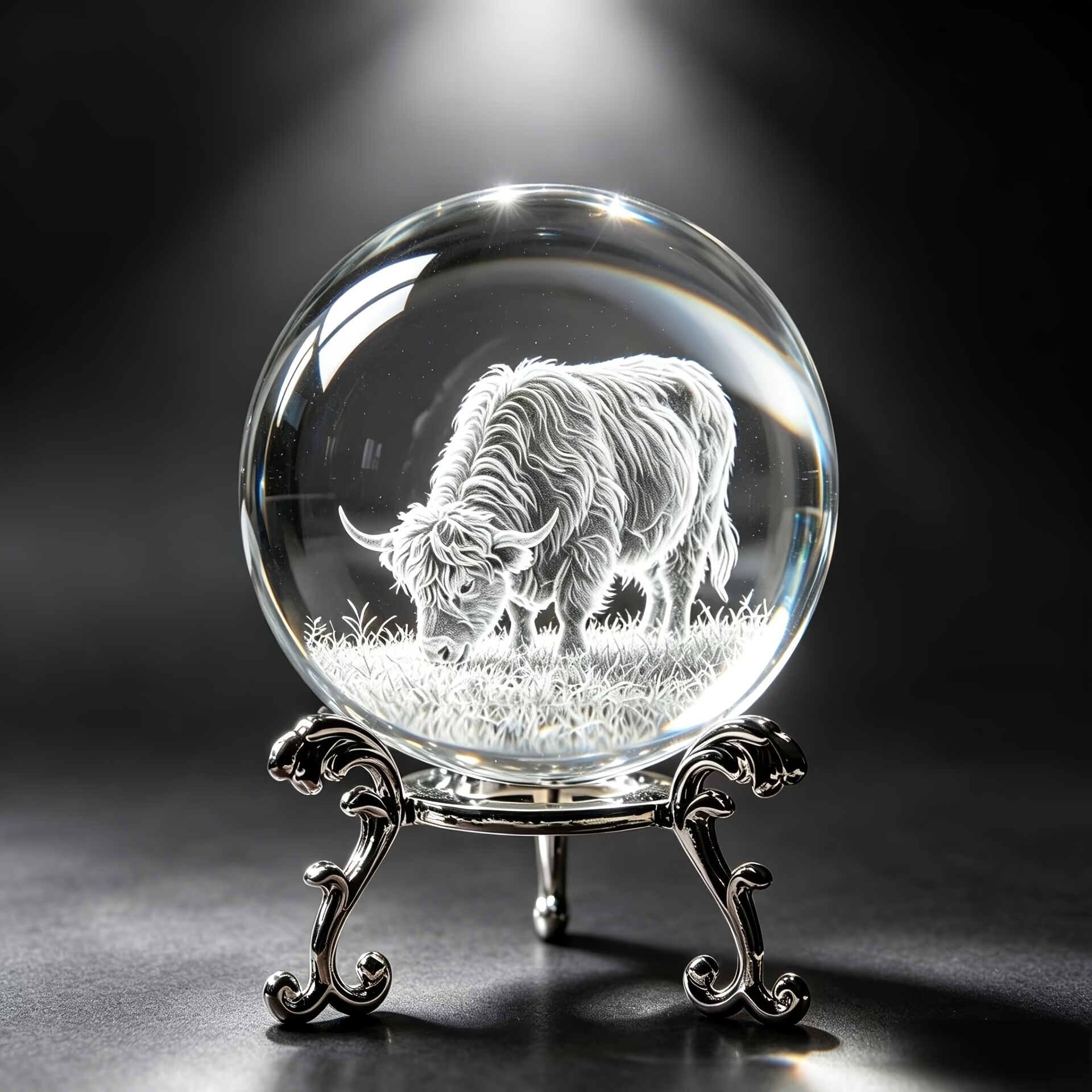 TEMU 3d Carved Highland Cow Crystal Ball, Transparent Crystal , Desktop Decorative Ornament, Animal-themed Commemorative Gift