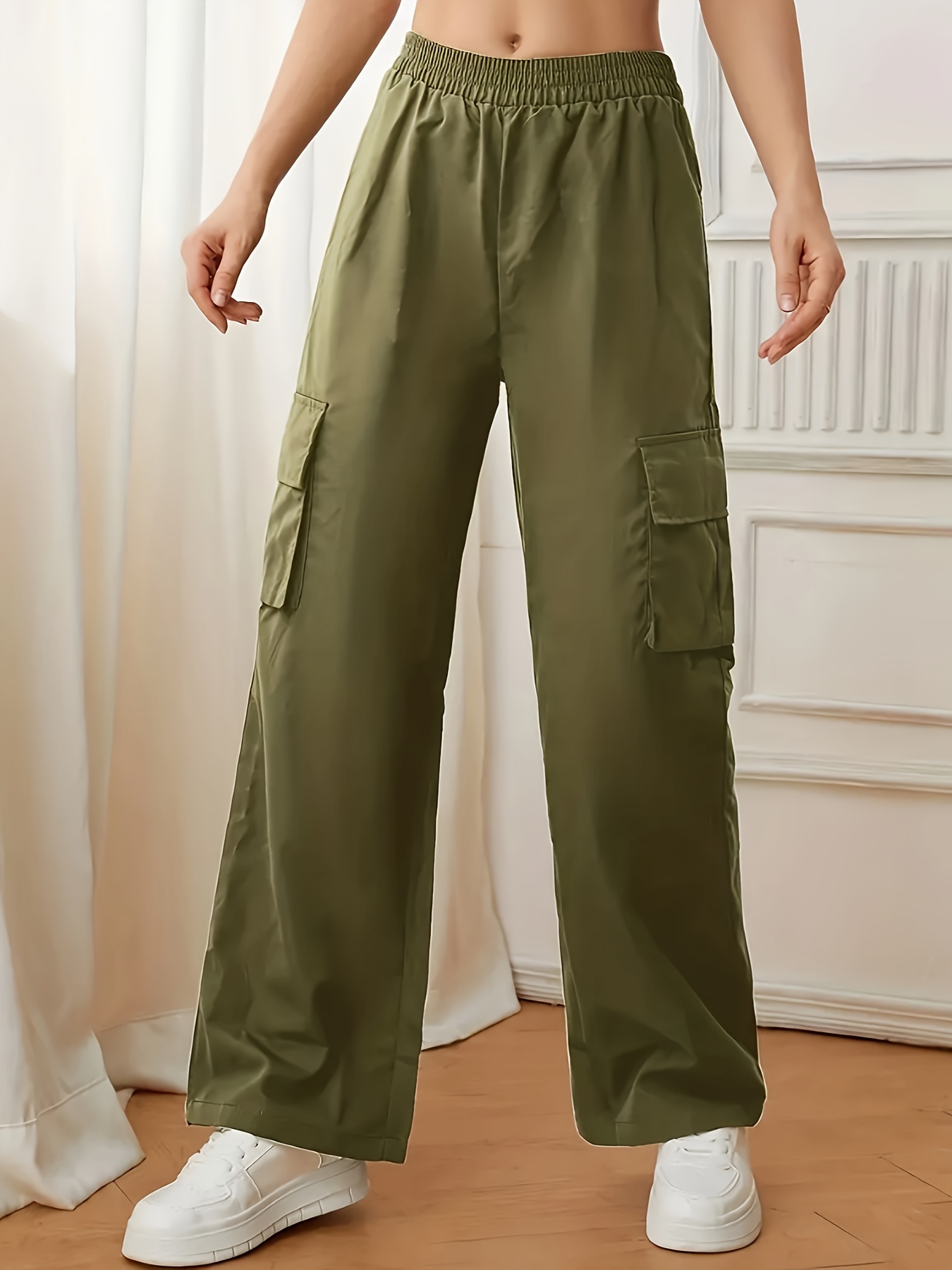 Plus Size Elastic High Waist Solid Tapered Pants, Women's Plus Slight  Stretch Casual Pants