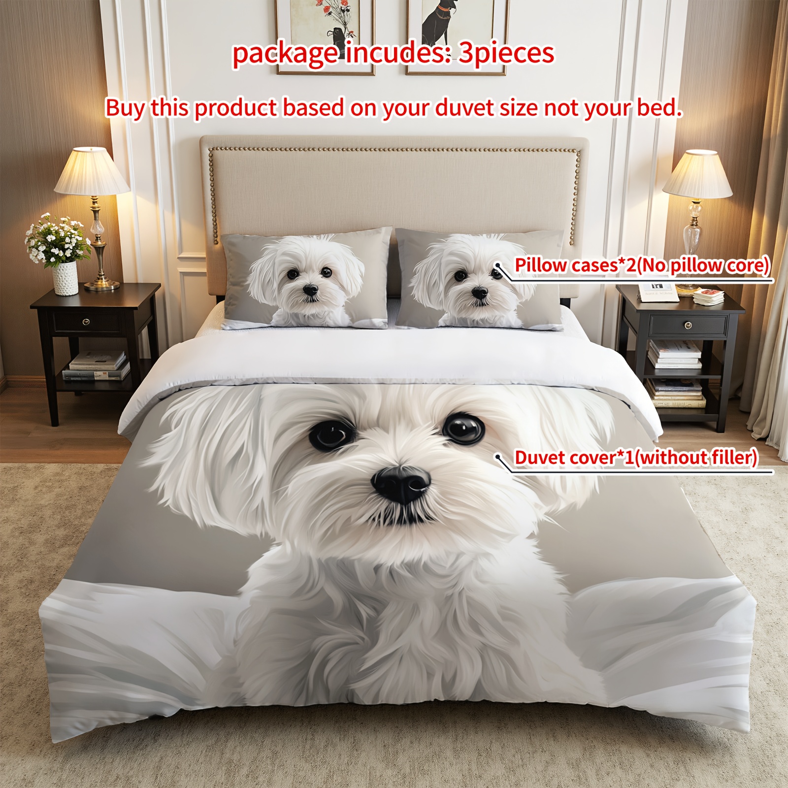 TEMU 3pcs White Poodle Bedding Set - Cute Dog-themed Duvet Cover & Pillowcases, Breathable Polyester Soft Bedding, Machine Washable With Zipper