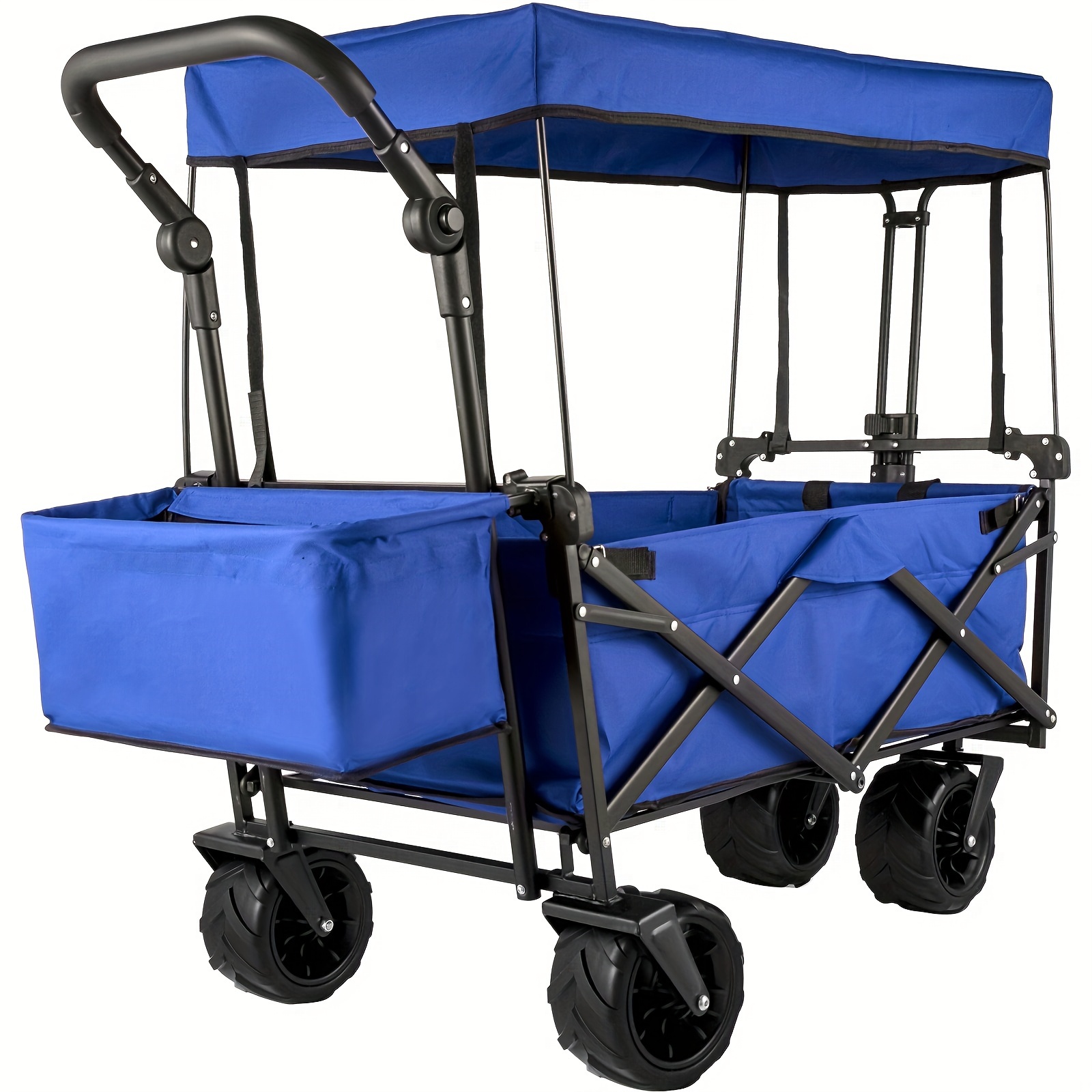 

Extra Large Collapsible Garden Cart With Removable Canopy, Folding Wagon Utility Carts With Wheels And Rear Storage, Wagon Cart For Garden, Camping, Grocery Cart, Shopping Cart, Blue