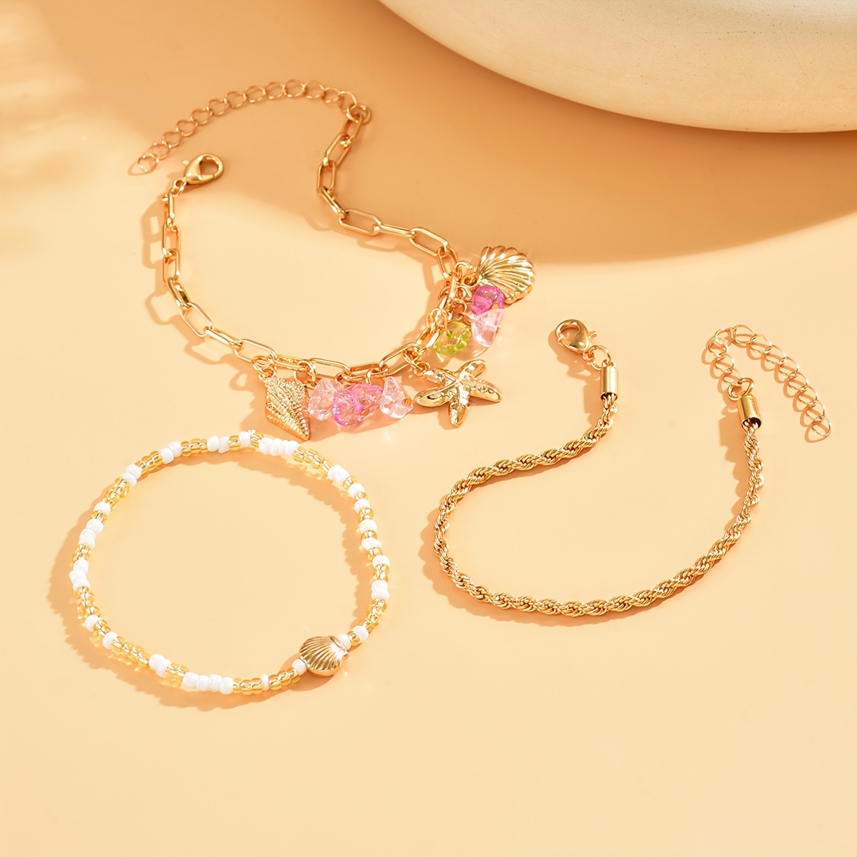 Image of 3pcs Summer Beach Bohemian Beaded Bracelet Set, Metal Chain With Alloy Starfish And Colorful Gravel Pendant, Women's Hand Jewelry, Perfect For Daily Wear, Beach Vacation And Dating