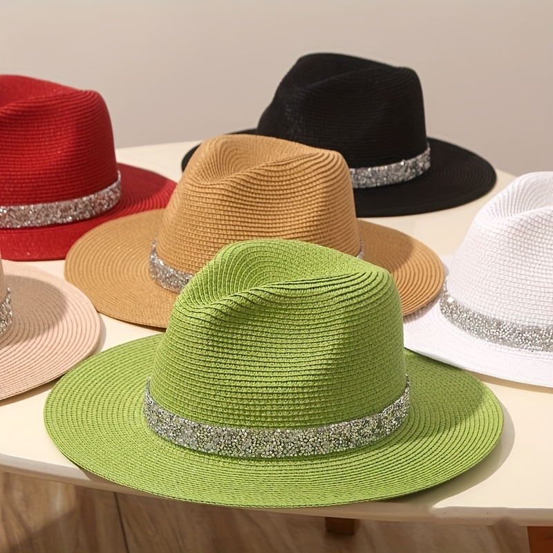 

Unisex Sparkling Rhinestone Sun Hat, British Style Straw Fedora, Casual Beach Cap, Summer Accessory