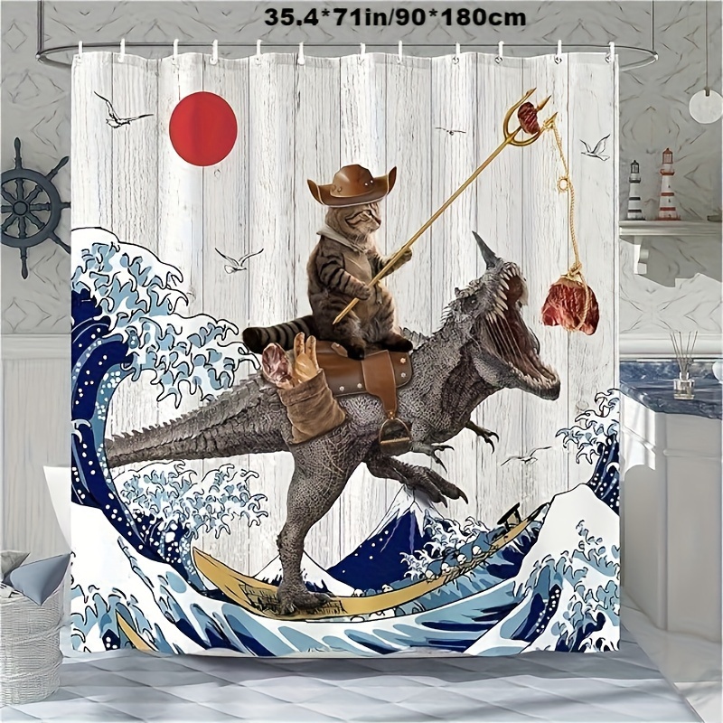 1pc Funny Cat Dinosaur Printed Shower Curtain Waterproof Temu United