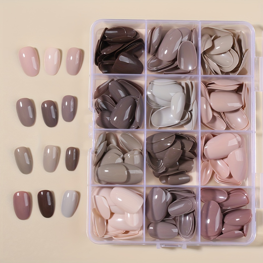 TEMU 288pcs Press-on Nail Set In 12 Colors - Glossy Full Cover Acrylic False Nails For Women & Girls, Oval Short Shape With Storage Box