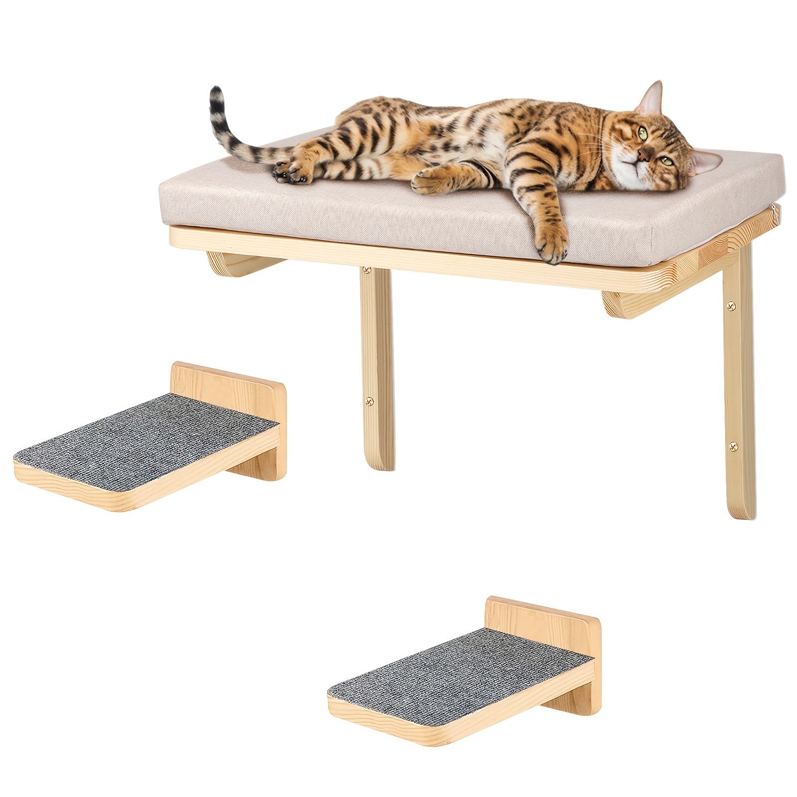 E-shop 3-teiliges Wandmontiertes Katzenbett-Set aus Massivholz - Mehrstufige Liege für Fenster, Apartments, Moderne Schwimmende Treppe für Wand,